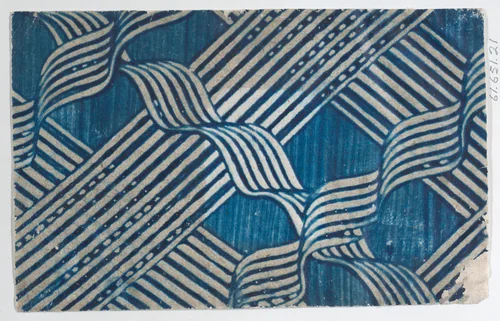 Blue paste paper with stripe and ribbon pattern by anonymous, print, 1700-1800
