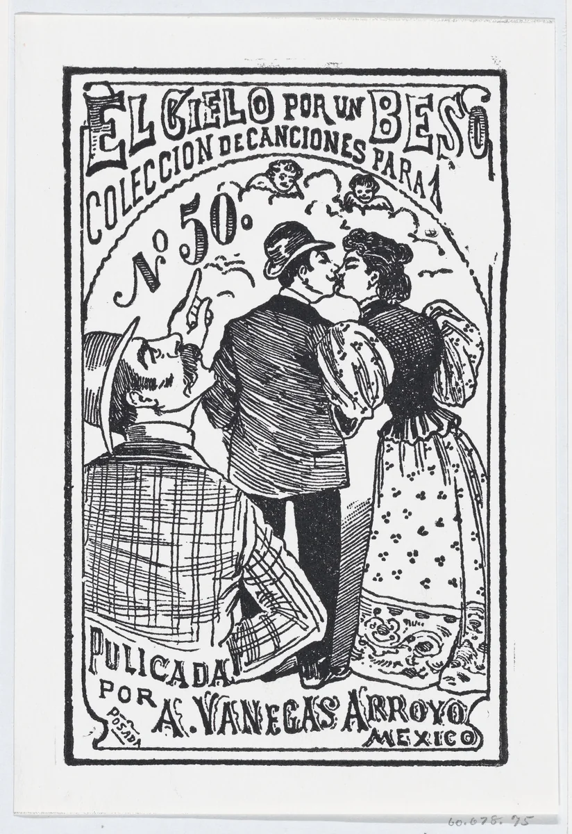 A man pointing to the heavens while a couple kisses in the background, illustration for ' El Cielo por un Beso' by José Guadalupe Posada, print, 1875-1885