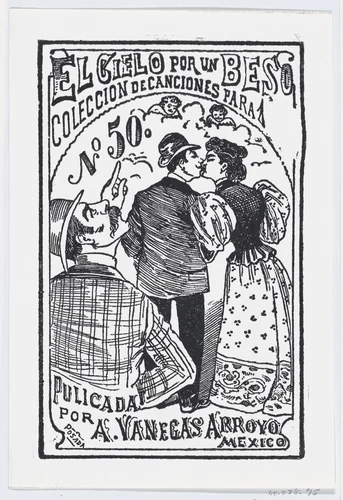 A man pointing to the heavens while a couple kisses in the background, illustration for ' El Cielo por un Beso' by José Guadalupe Posada, print, 1875-1885