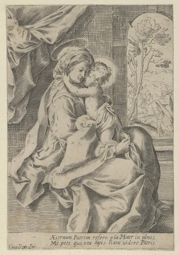 The Virgin seated with the Christ Child on her lap embracing her, St Joseph seen through an archway at right, after Reni by anonymous, print, 1595-1645