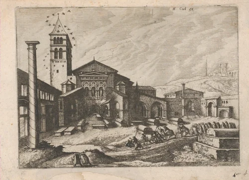 City with a Column and a Church, from "Roman Ruins and Buildings" by Johannes van Doetecum, print, 1562