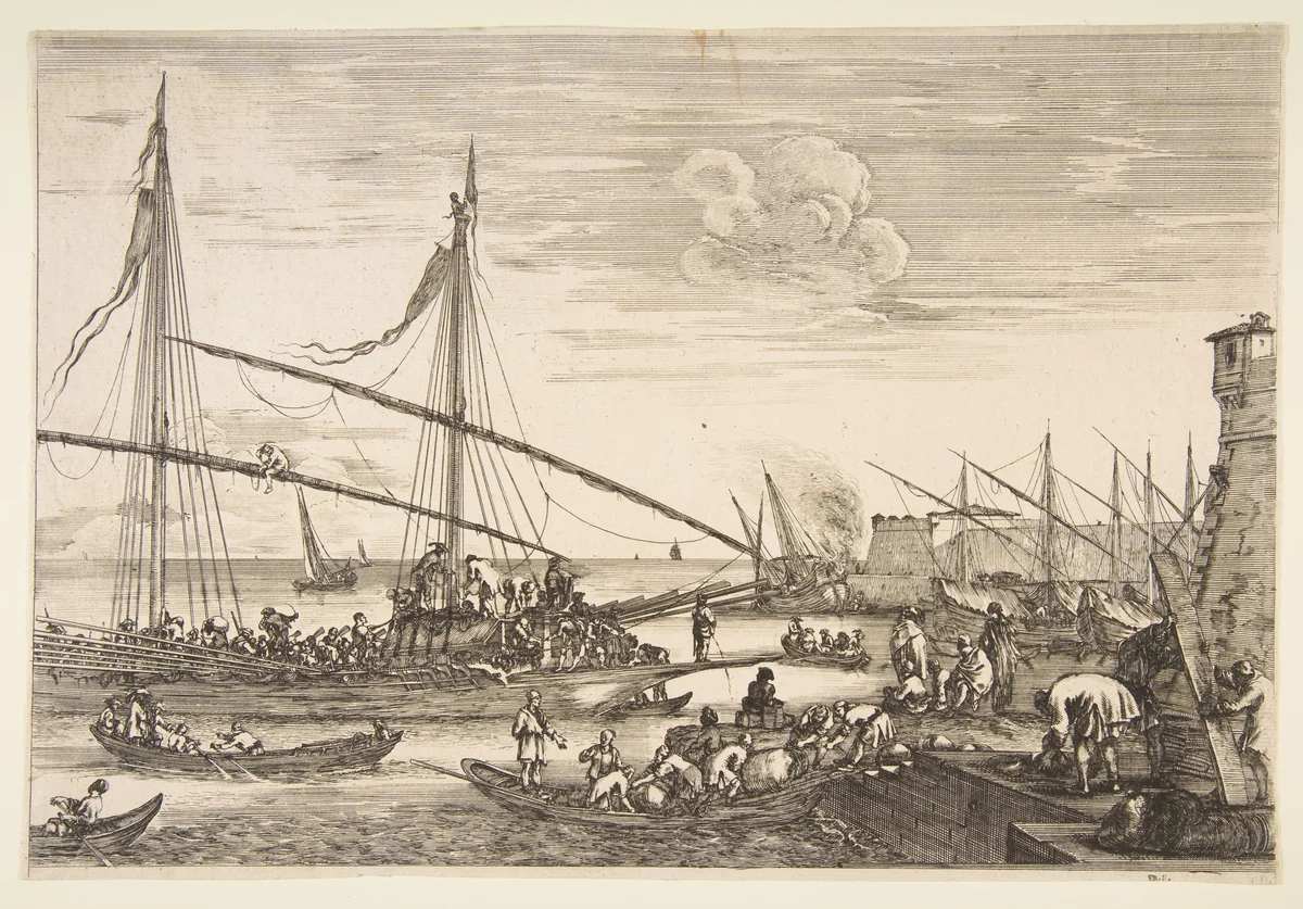 View of the fortifications, two men lifting a plank at right, several ships and boats the background and a galley at left, from 'Views of the port of Livorno' (Vues du port de Livourne) by Stefano della Bella, print, 1655