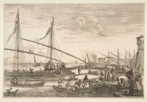 View of the fortifications, two men lifting a plank at right, several ships and boats the background and a galley at left, from 'Views of the port of Livorno' (Vues du port de Livourne) by Stefano della Bella, print, 1655
