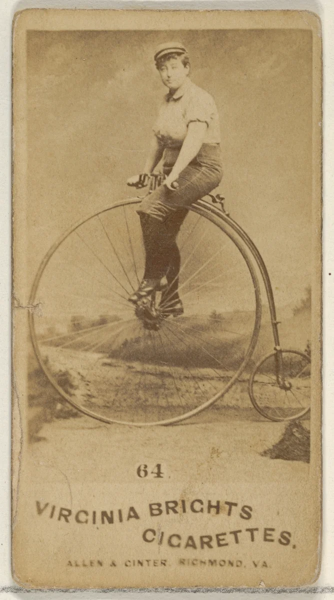 Card 64, from the Girl Cyclists series (N49) for Virginia Brights Cigarettes by Allen & Ginter, photograph, 1887