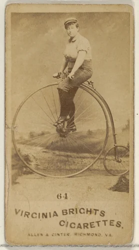 Card 64, from the Girl Cyclists series (N49) for Virginia Brights Cigarettes by Allen & Ginter, photograph, 1887