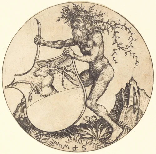 Shield with Stag, Held by Wild Man by Martin Schongauer, print, 1480-1490