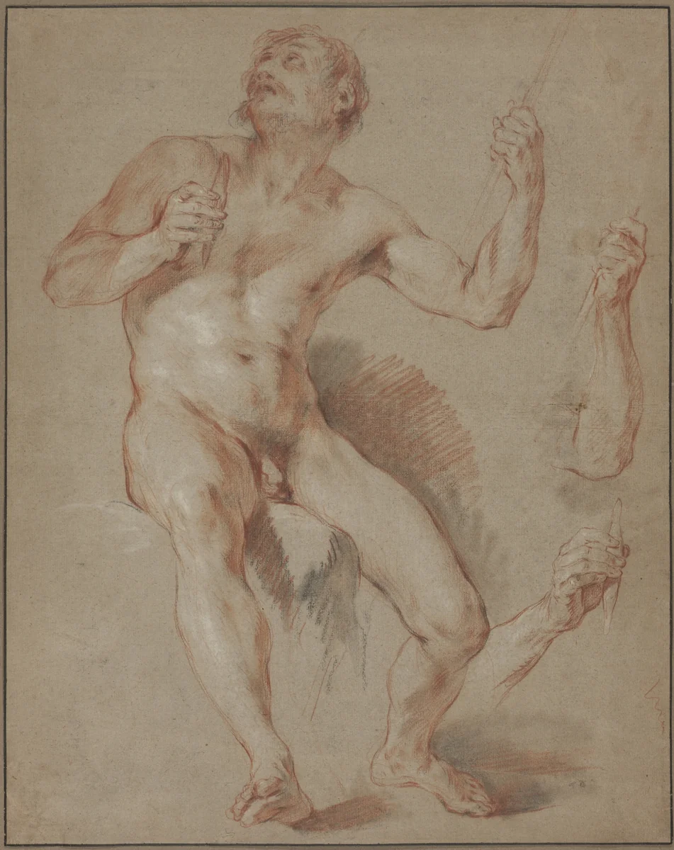 Hercules Seated, study for Hercules and Omphale by François Lemoyne, drawing, 1724
