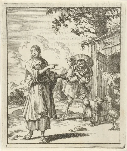 Vrouw wijst naar het teruggevonden schaap dat op de schouders van een man naar de stal wordt gebracht by Jan Luyken, print, 1687