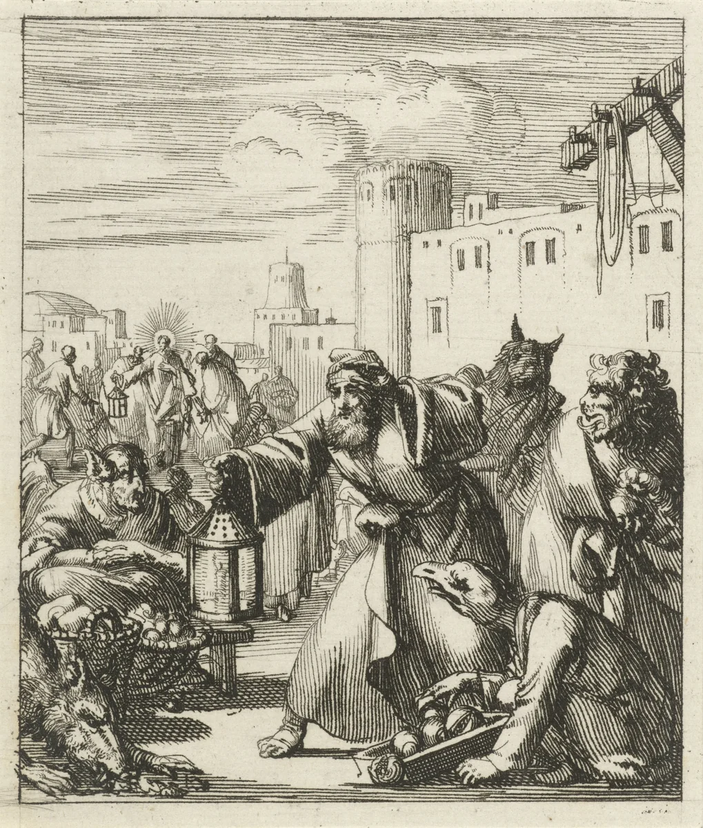 Diogenes vindt Satan vermomd als koopvrouw, op de achtergrond Christus omringd door figuren by Jan Luyken, print, 1689
