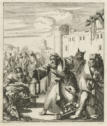 Diogenes vindt Satan vermomd als koopvrouw, op de achtergrond Christus omringd door figuren by Jan Luyken, print, 1689