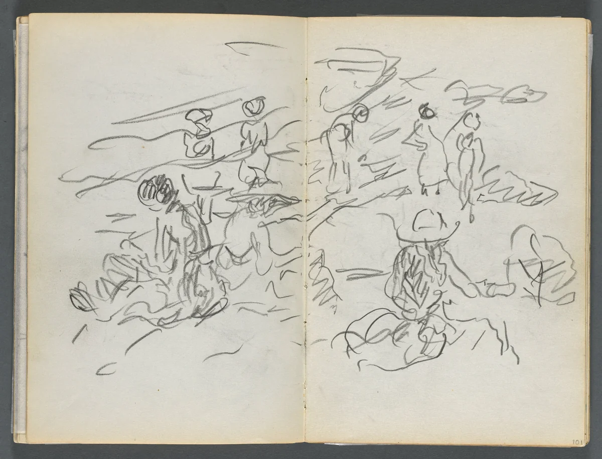 Sketchbook, The Dells, N° 127, page 100 & 101: Figures on a Beach by Maurice Prendergast, book, 1919-1921