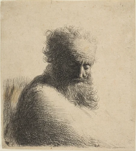 Bust of an Old Bearded Man Looking Down, Three-Quarters Right by Rembrandt van Rijn, print, 1631