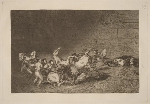 Dos grupos de picadores arrollados de seguida por un solo toro (Two Teams of Picadors Thrown One after the Other by a Single Bull) by Francisco Goya, portfolio, 1816