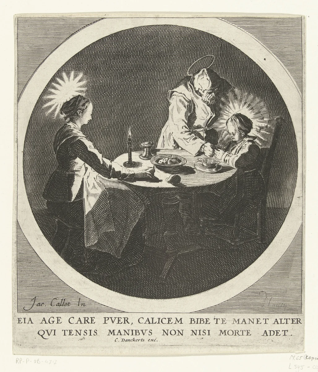 De Heilige Familie aan tafel by anonymous, print, 1628-1670