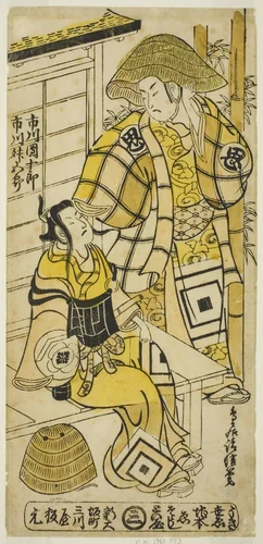 The Actors Ichikawa Danjuro II as Onio Shinzaemon and Ichikawa Masugoro as Soga no Goro in the play "Furiwake-gami Hatsugai Soga," performed at the Ichimura Theater in the first month, 1735 by Torii Kiyonobu II, print, 1735