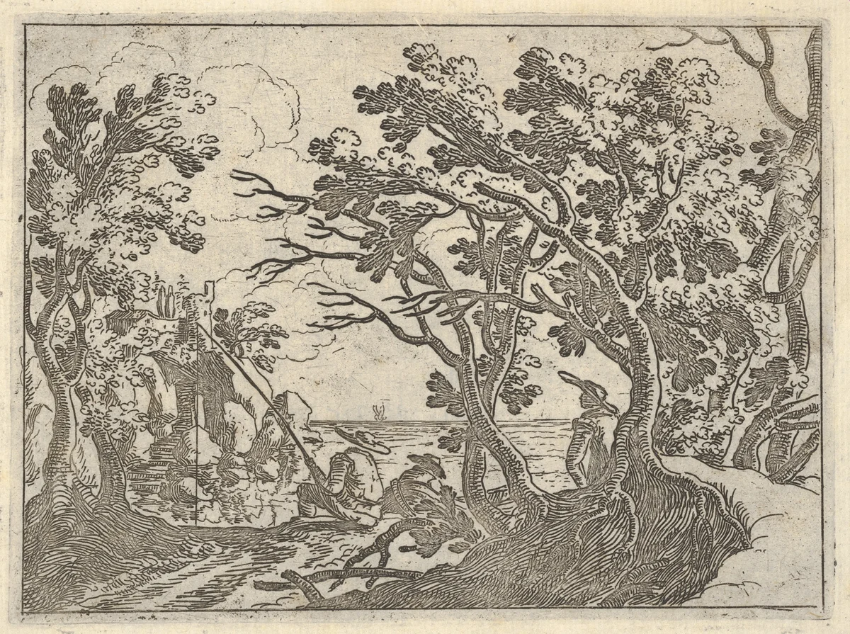 Landscape with onshore fisherman and male onlooker under trees, a man in a boat bows his head by Remigio Cantagallina, print, 1620-1650