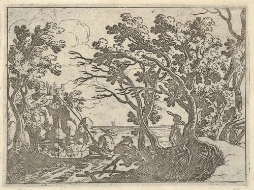 Landscape with onshore fisherman and male onlooker under trees, a man in a boat bows his head by Remigio Cantagallina, print, 1620-1650
