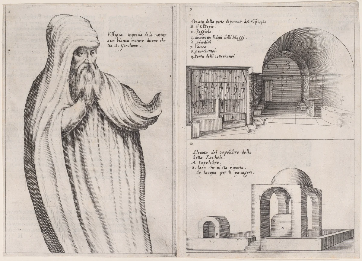 Plates 7 and 8, from "Trattato delle Piante & Immagini de Sacri Edifizi di Terra Santa" (Treatise of the Plans & Images of the Sacred Buildings of the Holy Land) by Jacques Callot, print, 1620