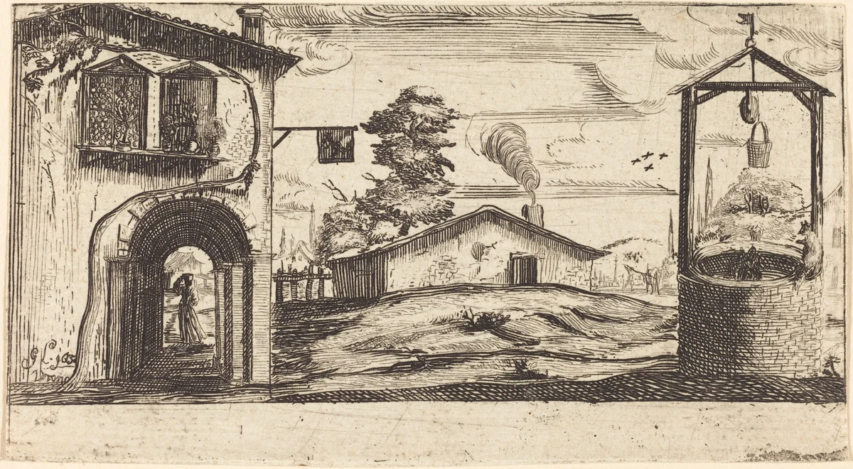 Landscape with a Well by Jacques Callot, print, 1600-1699