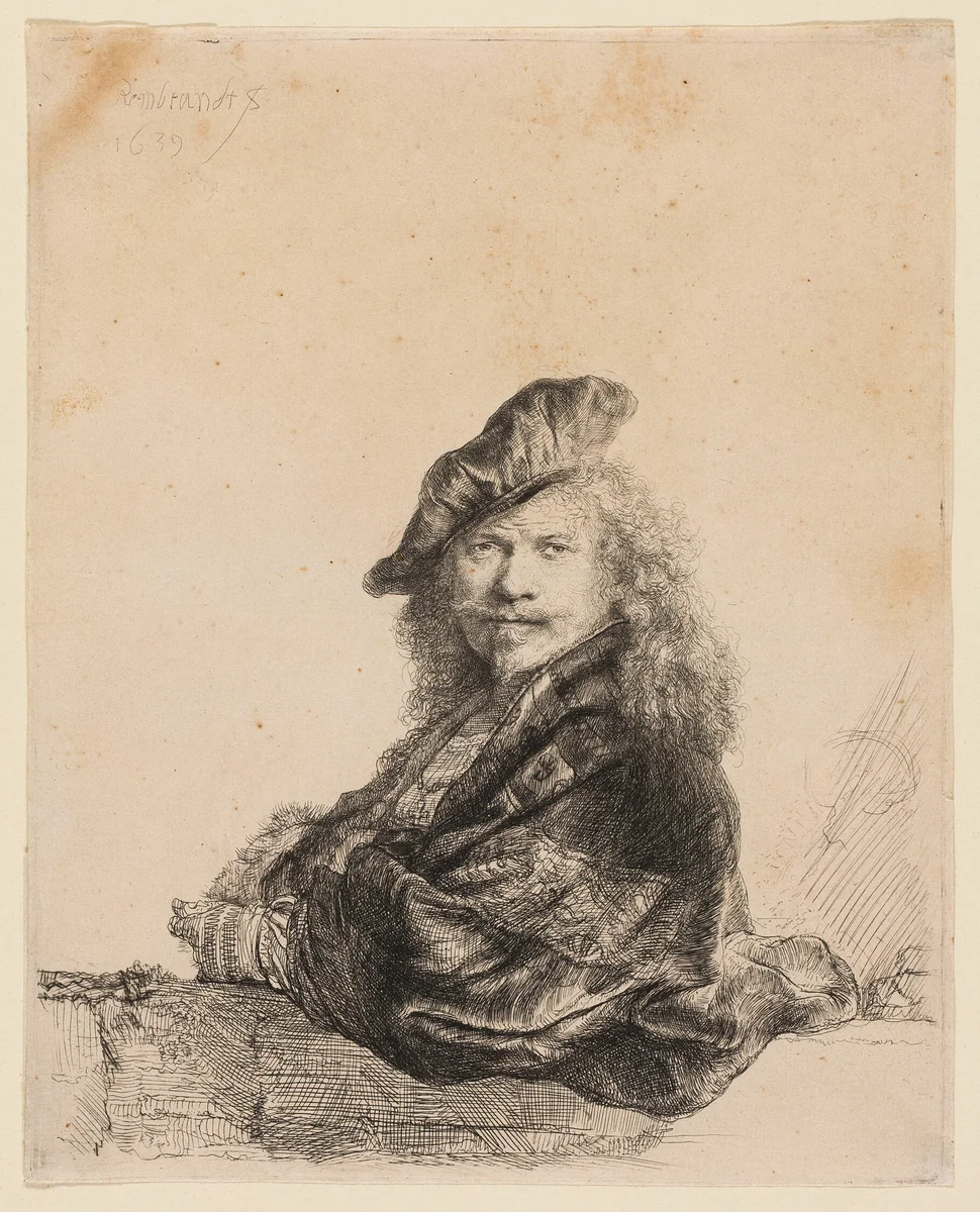 Self-Portrait Leaning on a Stone Sill by Rembrandt van Rijn, print, 1639