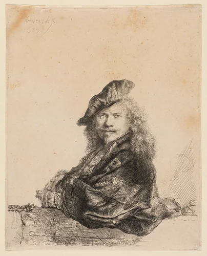 Self-Portrait Leaning on a Stone Sill by Rembrandt van Rijn, print, 1639