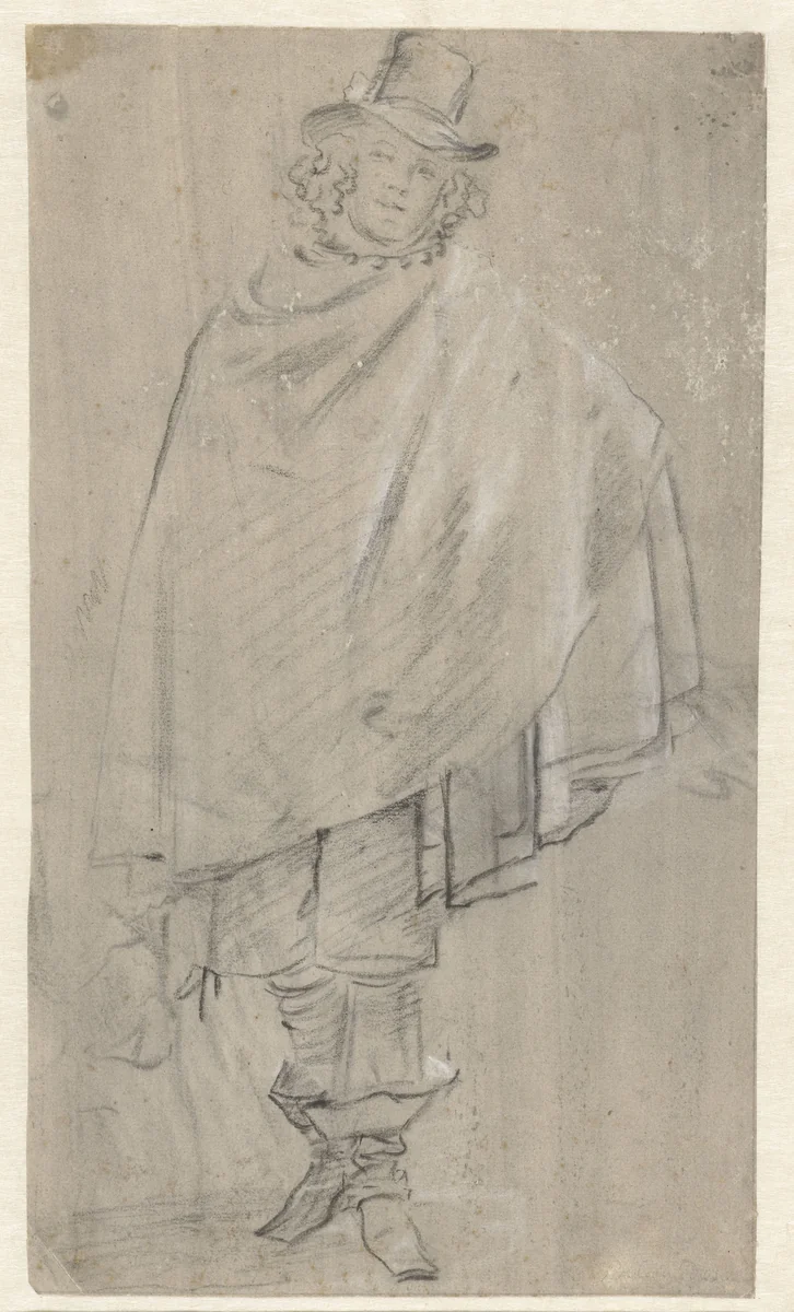 Staande man met wijde mantel, ten voeten uit by anonymous, drawing, 1600-1699