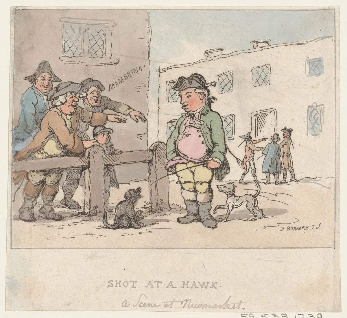 A Scene at Newmarket: A Shot at a Hawk [Pigeon] by Thomas Rowlandson, print, 1803
