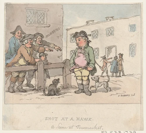 A Scene at Newmarket: A Shot at a Hawk [Pigeon] by Thomas Rowlandson, print, 1803