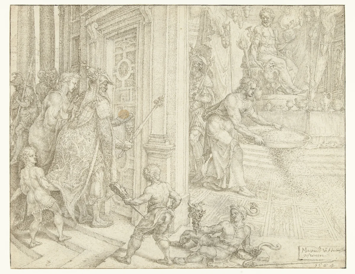 Daniël strooit as op de tempelvloer by Maarten van Heemskerck, drawing, 1564