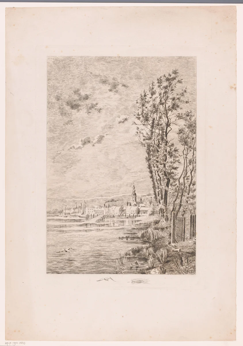 Gezicht op een aan het water gelegen stad by Jules Guiette, print, 1862-1901