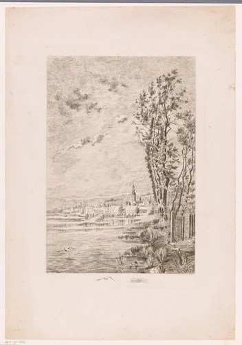 Gezicht op een aan het water gelegen stad by Jules Guiette, print, 1862-1901