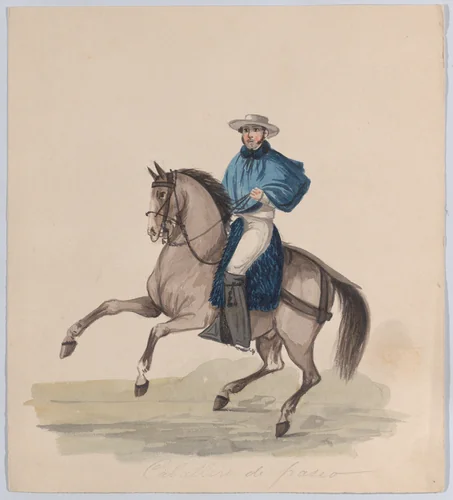 An elegantly dressed man on horseback, from a group of drawings depicting Peruvian dress by Francisco Fierro, drawing, 1843-1853