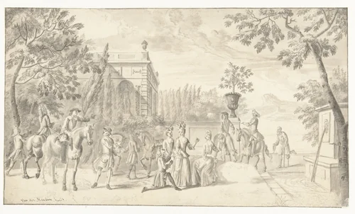 Elegant gezelschap in de tuin van een landhuis by Adam Frans van der Meulen, drawing, 1642-1690
