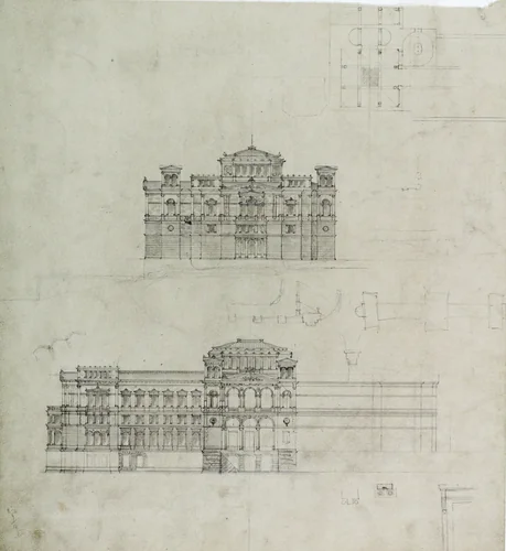 Design Projects, Elevation Studies and Plan by Carl Furst, drawing, 1860-1870