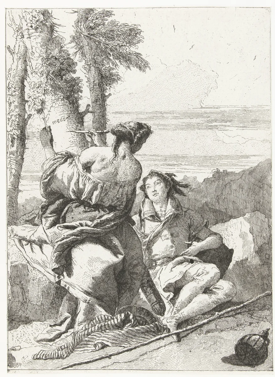 Medoro en Angelica kerven hun naam in boomstam by Giovanni Domenico Tiepolo, print, 1757-1760