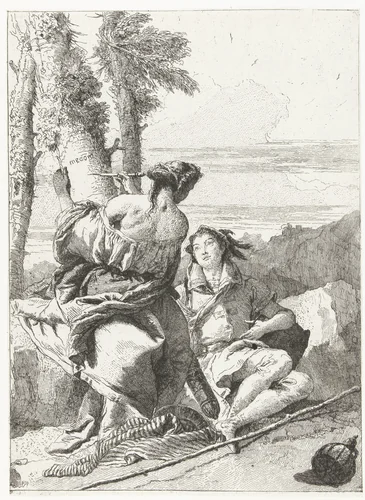 Medoro en Angelica kerven hun naam in boomstam by Giovanni Domenico Tiepolo, print, 1757-1760