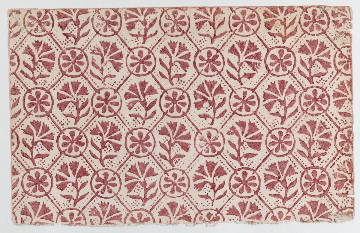 Sheet with overall red geometric and floral pattern by anonymous, print, 1700-1800