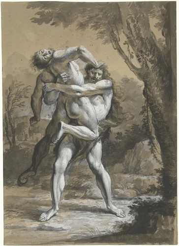 Hercules en Antaeus by anonymous, drawing, 1600-1699