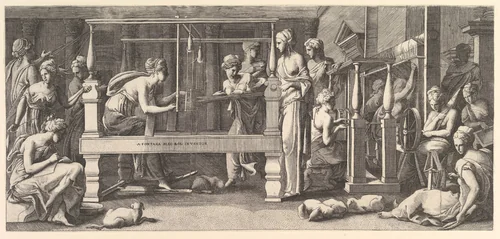 Women spinning, weaving and sewing by Master FG, print, 1540-1550