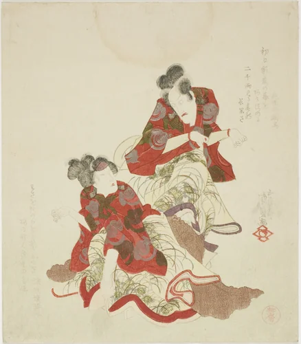 The actors Ichikawa Danjuro VII as Takamoto no kitsune and Segawa Kikunojo V as Izumi no Chieda-gitsune by Utagawa Kunisada (歌川国貞), print, 1818