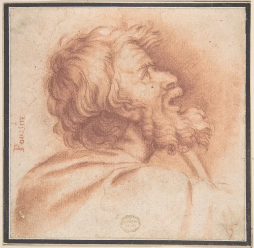 Head of Bearded Old Man Shown in Profile, Looking Up by anonymous, drawing, 1600-1700