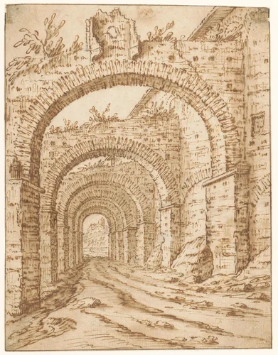 De Clivus Scauri te Rome by Tobias Verhaecht, drawing, 1571-1590