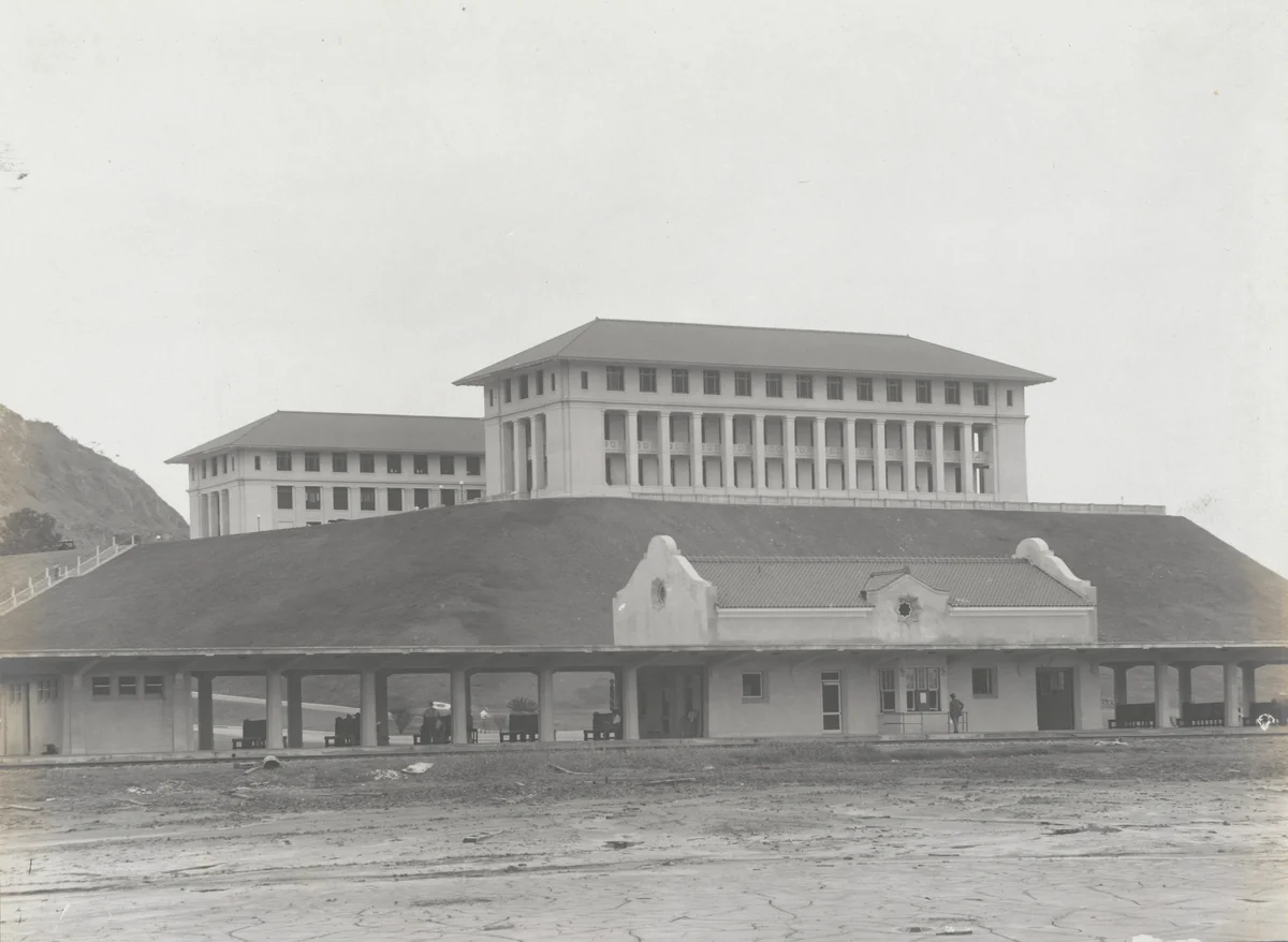 Relocation P.R.R. The new station at Balboa, C.Z. Front view showing Administration Building in background by Unidentified Photographer, photograph, 1915