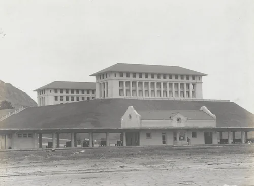 Relocation P.R.R. The new station at Balboa, C.Z. Front view showing Administration Building in background by Unidentified Photographer, photograph, 1915