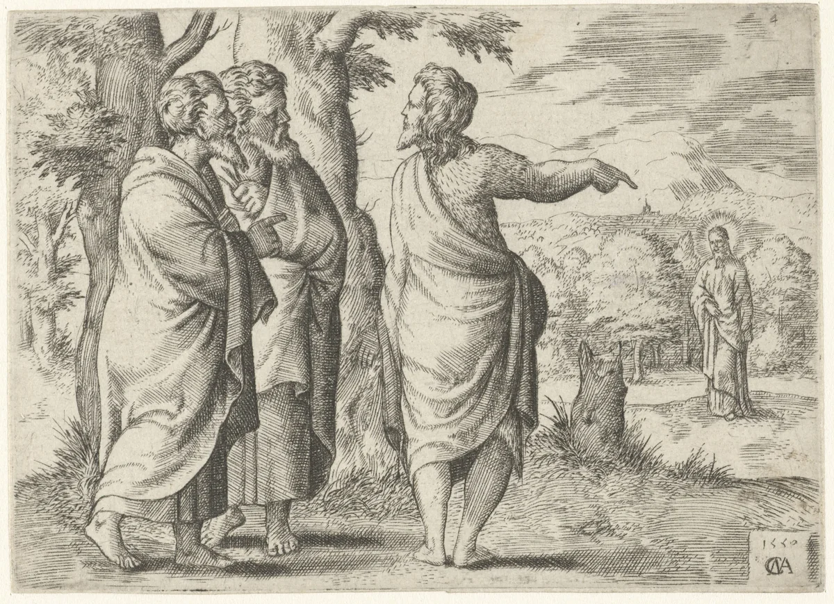 Johannes de Doper wijzend naar Christus by Unknown, print, 1550