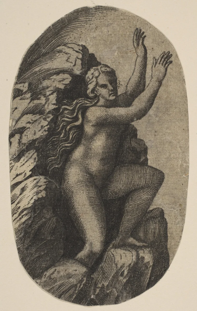 Eurydice naked standing on a rock, her arms raised to the right by Marco Dente, print, 1510-1532