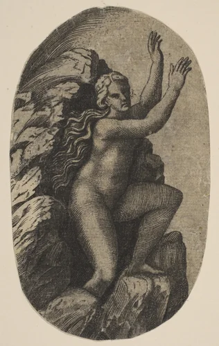 Eurydice naked standing on a rock, her arms raised to the right by Marco Dente, print, 1510-1532