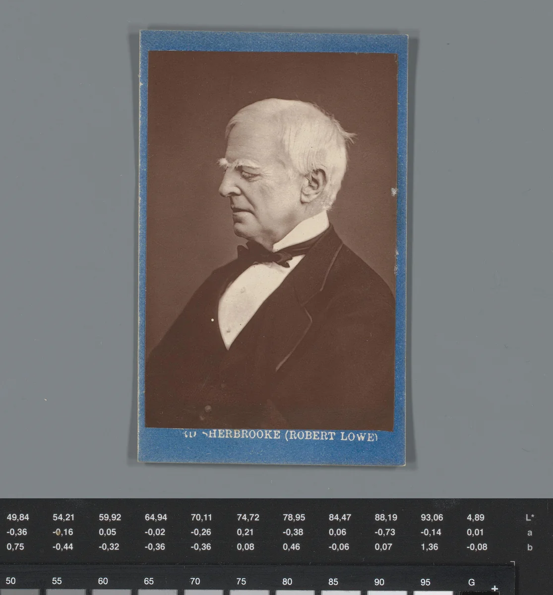 Reclame voor stoffen van McIlroy Bros. met een portret van Robert Lowe by anonymous, photograph, 1865-1900