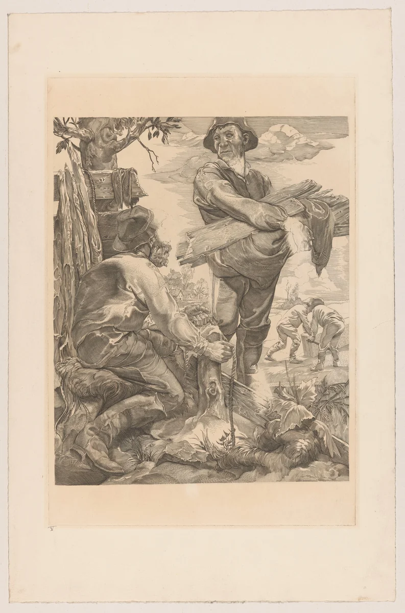 Twee arbeiders met touw en planken by Johannes Josephus Aarts, print, 1881-1934