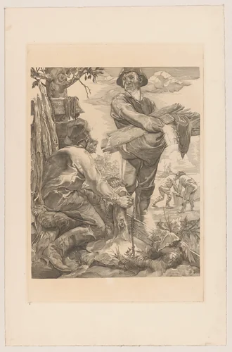 Twee arbeiders met touw en planken by Johannes Josephus Aarts, print, 1881-1934